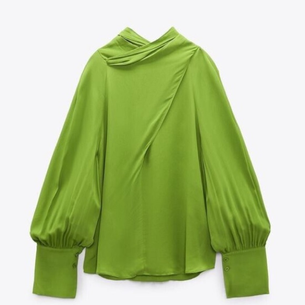 ZARA Chartreuse Green Flowy Tie Blouse